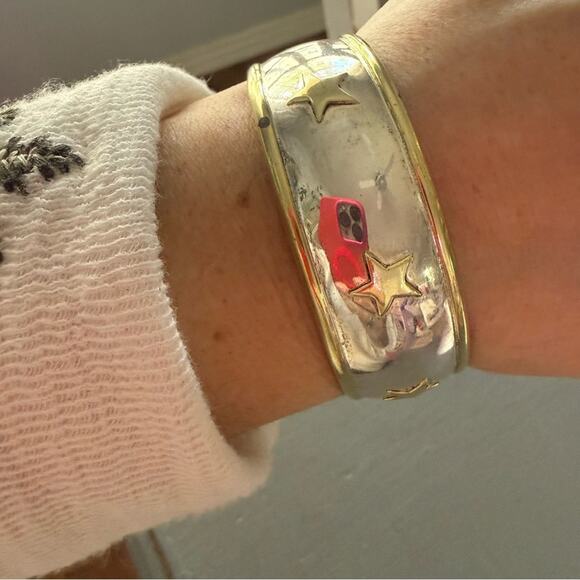 Mexico Sterling Silver Two Tone Star Cuff Bracelet - Picture 4 of 13